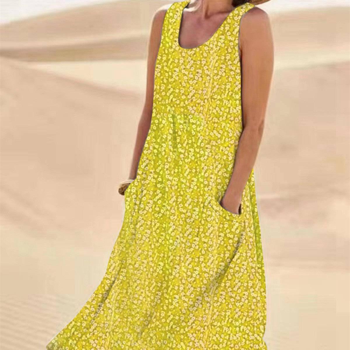 Pocket Sleeveless Round Neck Large Swing Floral Dress Plus-Yellow-7