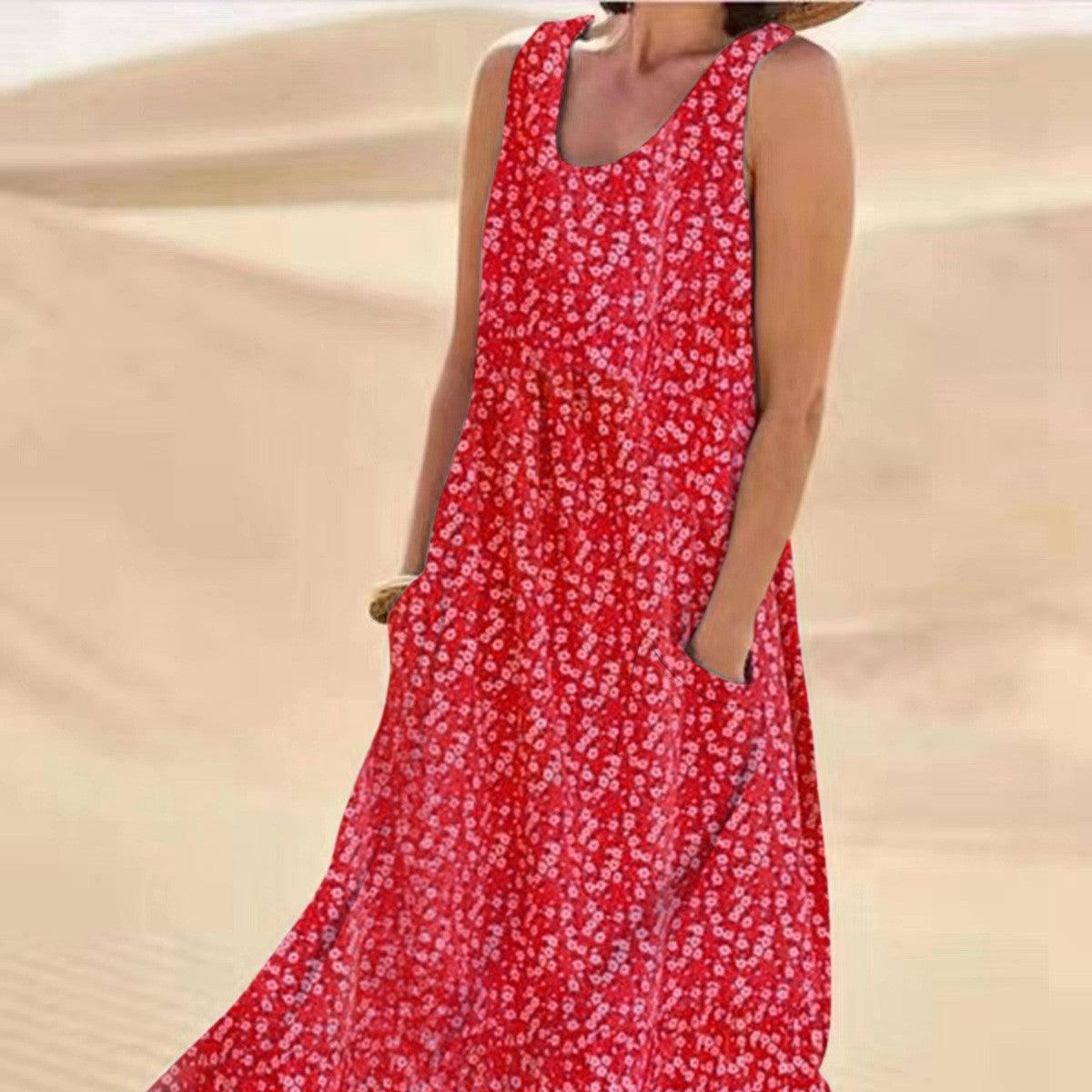 Pocket Sleeveless Round Neck Large Swing Floral Dress Plus-Red-9