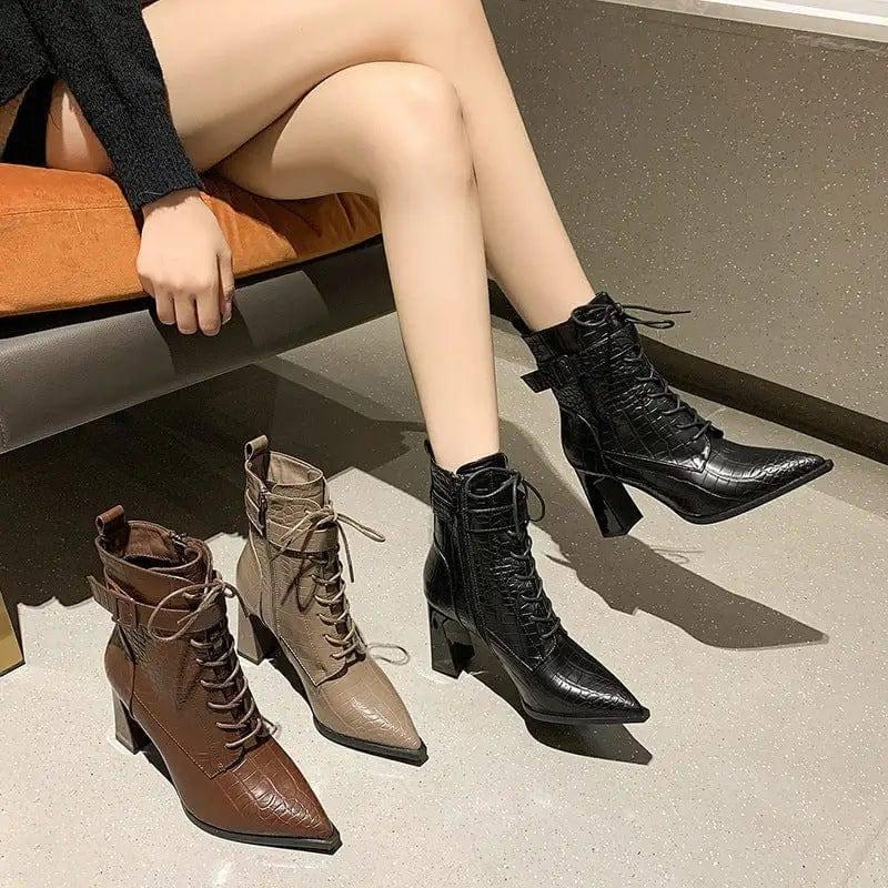 Pointed-toe Boots Winter Alligator Pattern Lace-up Shoes-3