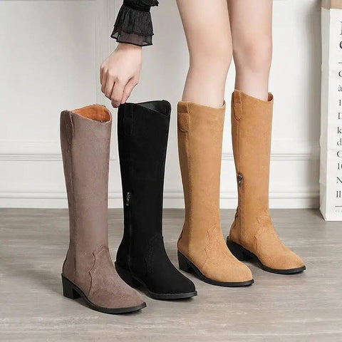 Pointed Toe Cowgirl Boots Women Chunky Mid Heel Shoes-1