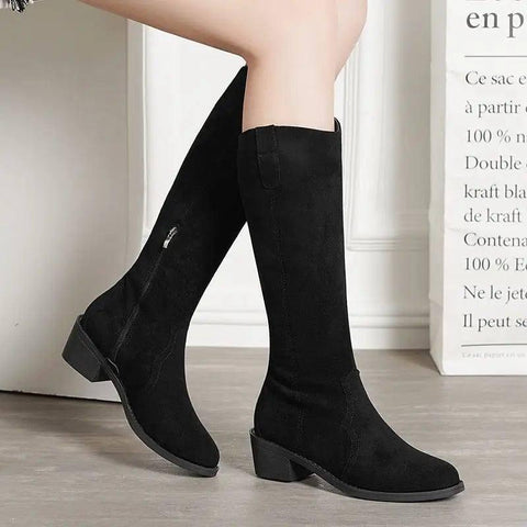 Pointed Toe Cowgirl Boots Women Chunky Mid Heel Shoes-Black-3