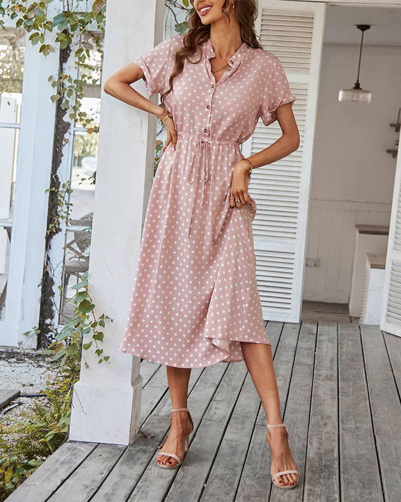 Polka Dot Print Shirt Collar Large Swing Dress-10