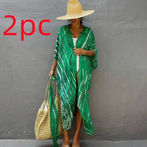 Polyester Ladies Sun Protection Resort Beach Dress Cover Up-Green-32