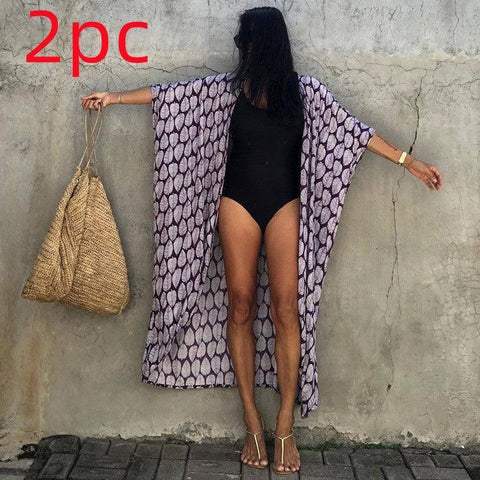 Polyester Ladies Sun Protection Resort Beach Dress Cover Up-Purple leaves-39