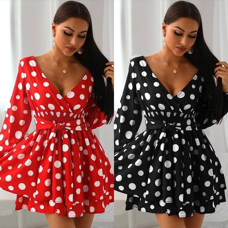 Popular New Waist V-Neck Polka Dot Polka Dot Mini Dress-1