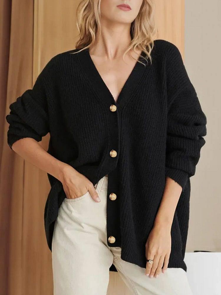 Popular Solid Color Cardigan Sweater Coat For Women-Black-4