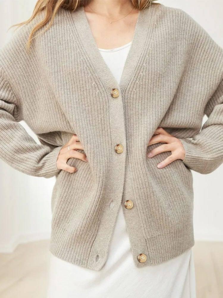 Popular Solid Color Cardigan Sweater Coat For Women-Taupe-6