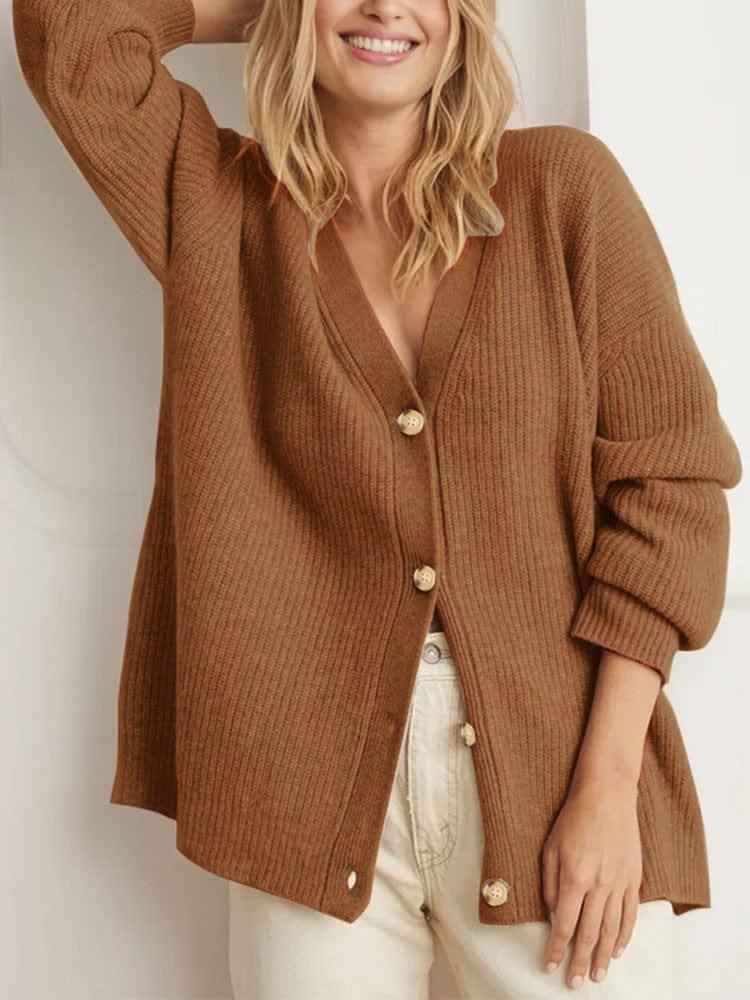 Popular Solid Color Cardigan Sweater Coat For Women-Brown-8