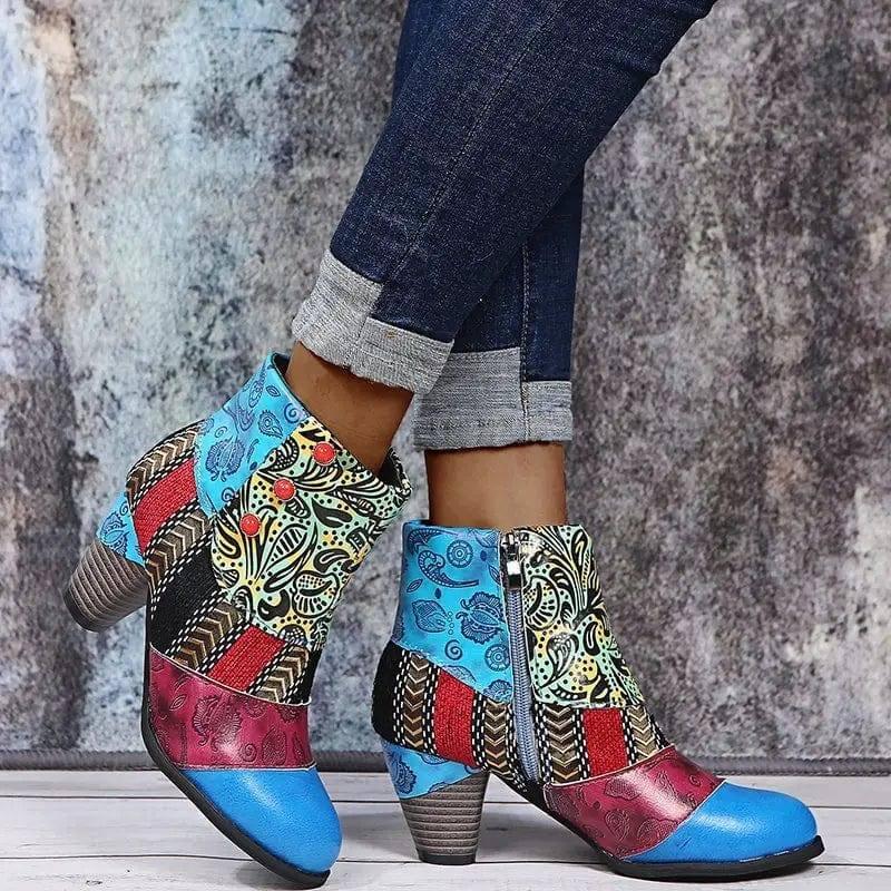 Print Ankle Boots Chunky Mid Heel Boots Women Side Zipper-2