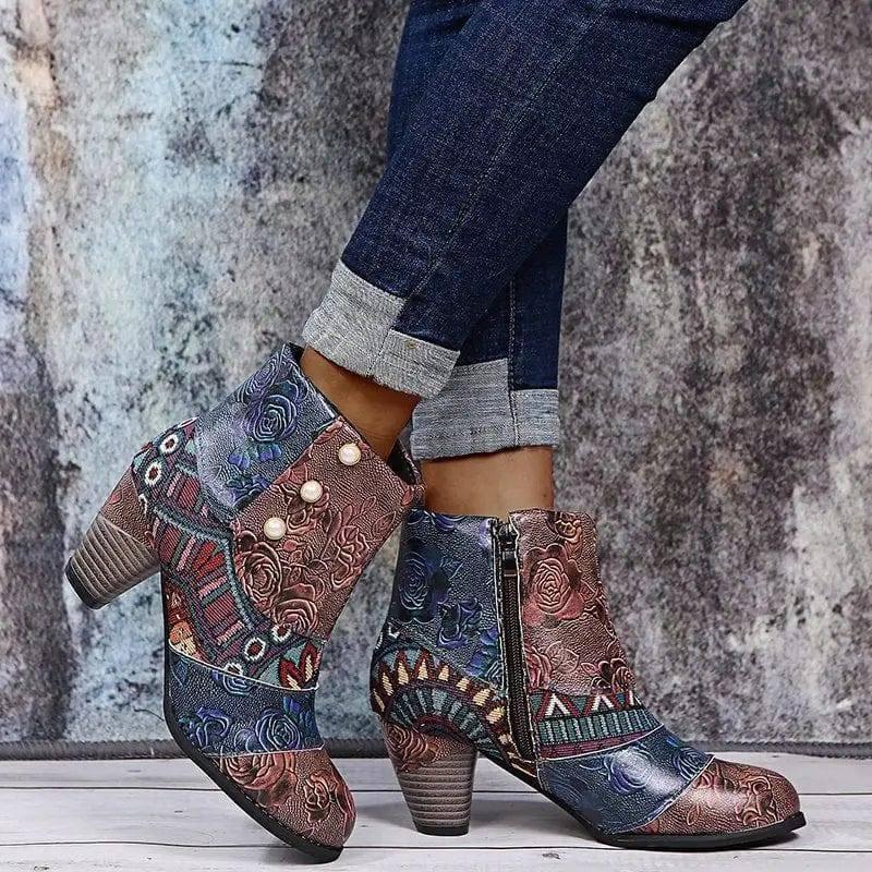 Print Ankle Boots Chunky Mid Heel Boots Women Side Zipper-4