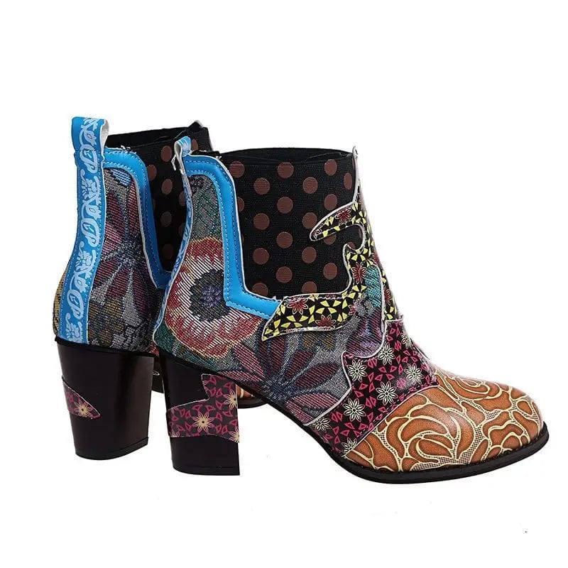 Print Ankle Boots Chunky Mid Heel Boots Women Side Zipper-6
