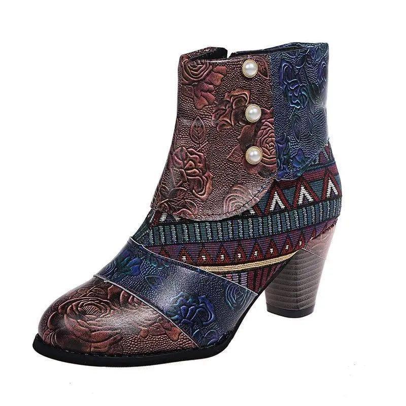 Print Ankle Boots Chunky Mid Heel Boots Women Side Zipper-Dark brown-7