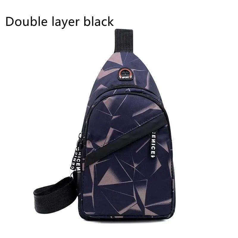 Print Sling Chest Bag For Men Crossbody Bag With Earphone-Double layer black-2