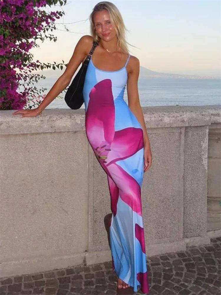 Printed Backless Spaghetti Strap Maxi Dress - Elegant-1