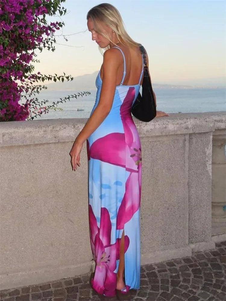 Printed Backless Spaghetti Strap Maxi Dress - Elegant-2