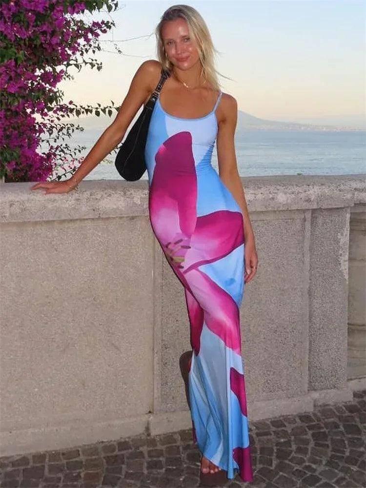 Printed Backless Spaghetti Strap Maxi Dress - Elegant-Sky blue-5