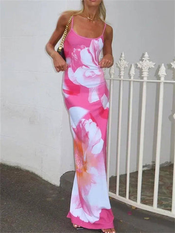 Printed Backless Spaghetti Strap Maxi Dress - Elegant-Pink-6