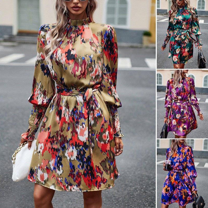 Printed Dress Autumn Elegant Long Sleeve Dress-1