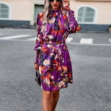 Printed Dress Autumn Elegant Long Sleeve Dress-purple-2
