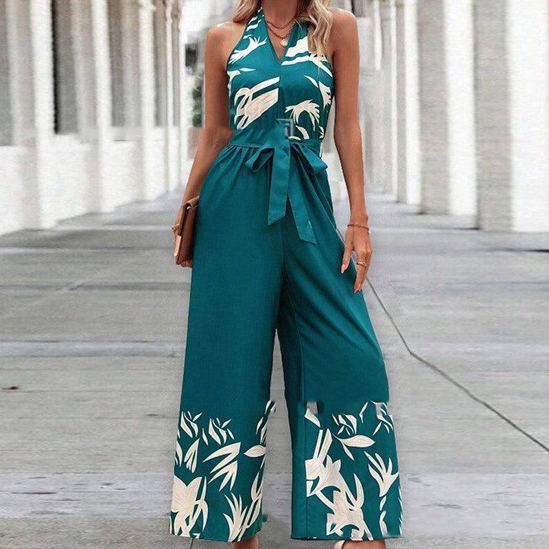 Printing Series Belt Halter Backless Jumpsuit For Women-4