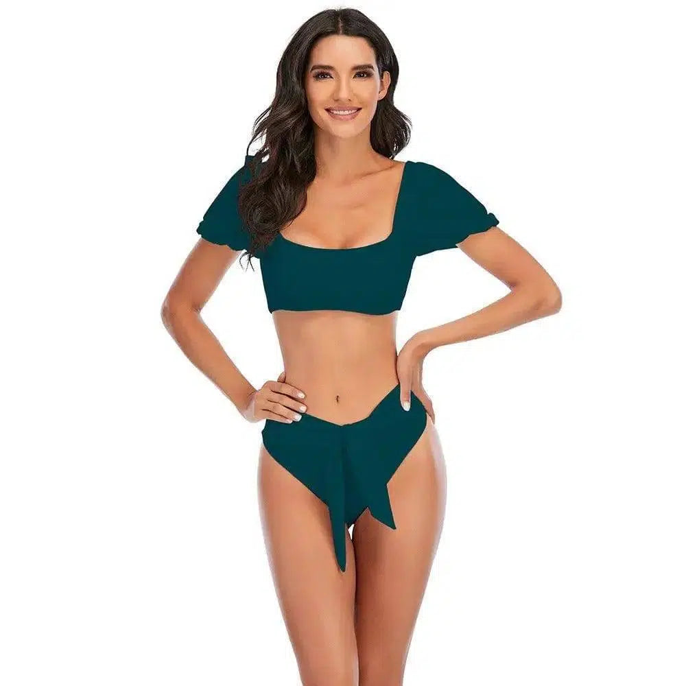 Puff Sleeve One-Line Neck Swimsuit High Waist Tie Bikini-Teal-6