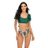 Puff Sleeve One-Line Neck Swimsuit High Waist Tie Bikini-Coleus-7