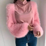 Puff Sleeves Fashion Solid Color Temperament Outer Sweater-Pink-1