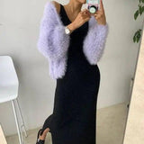 Puff Sleeves Fashion Solid Color Temperament Outer Sweater-Purple-3