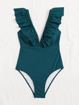 Pure Color Pleated One-piece Swimsuit Fashionable Sexy Slim-Darkgreen-1