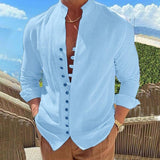 Retro Button Design Long-sleeved Shirt Men's Casual Loose-Sky Blue-7