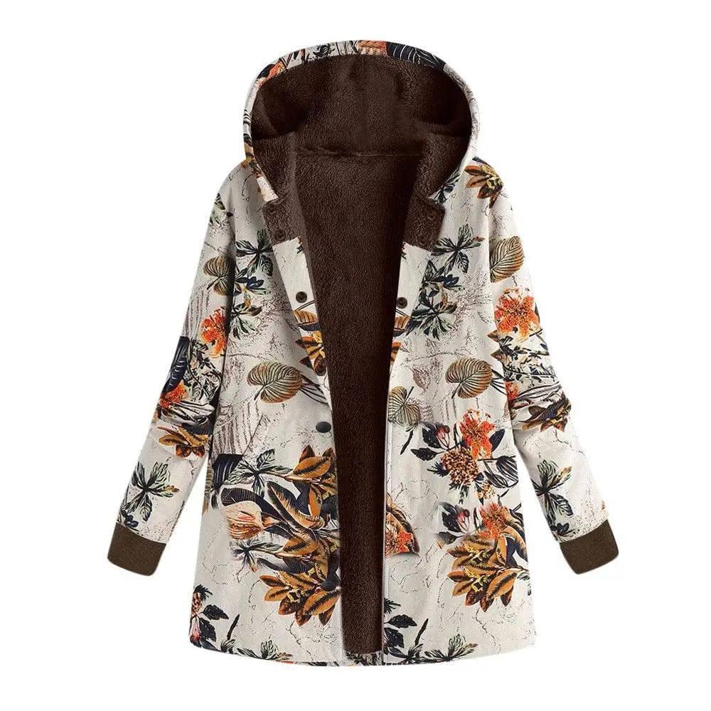 Retro flower print plus size hooded jacket top-Beige-9