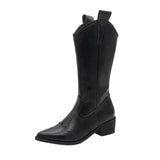 Retro Pointed Toe Thick Heel High Boots Women-Black-5