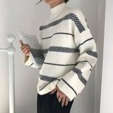 Retro sweater turtleneck striped sweater-White-1
