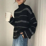 Retro sweater turtleneck striped sweater-2