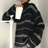 Retro sweater turtleneck striped sweater-Black-7