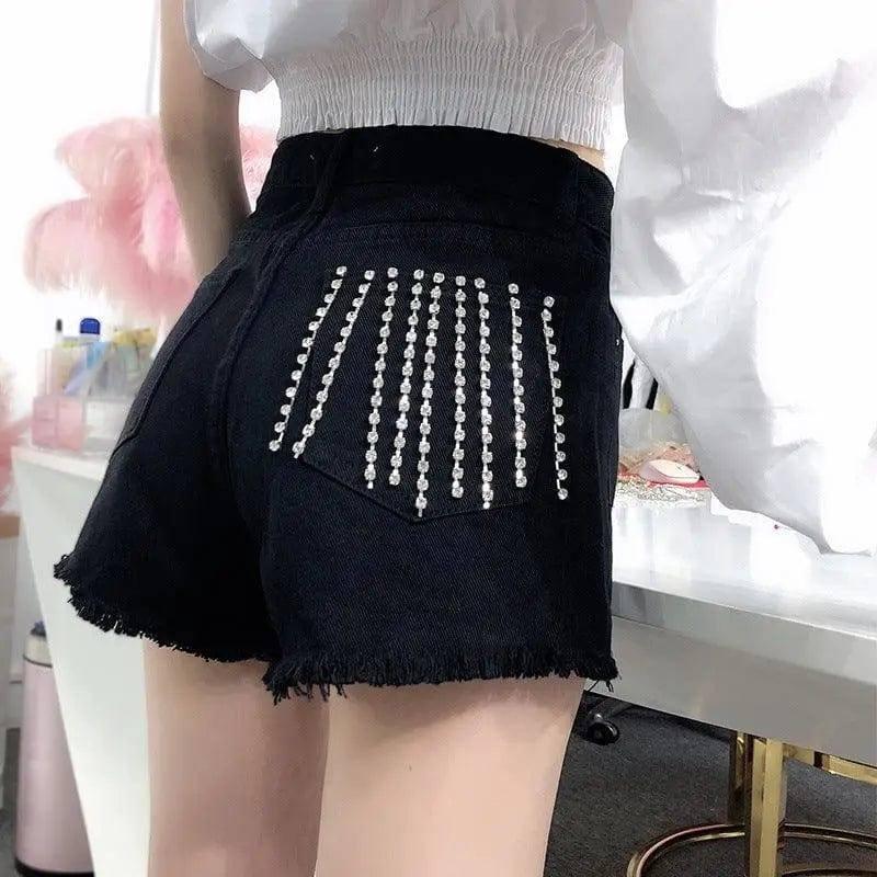 Rhinestone pocket black hole burr wild denim shorts hot-1