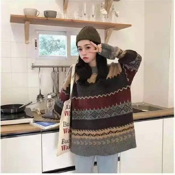 Rhomboid Round Neck Sweater Women's Pullover Sweater-Grey-4