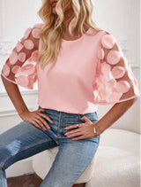 Round Neck Hollow-out Short-sleeved Shirt Casual Top-Pink-6