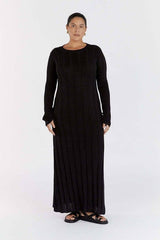 Round-neck Long Knitted Dress Solid Color Women-Black-4