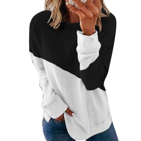 Round Neck Long Sleeve Sweater Color Matching Tops Sport-Black-2