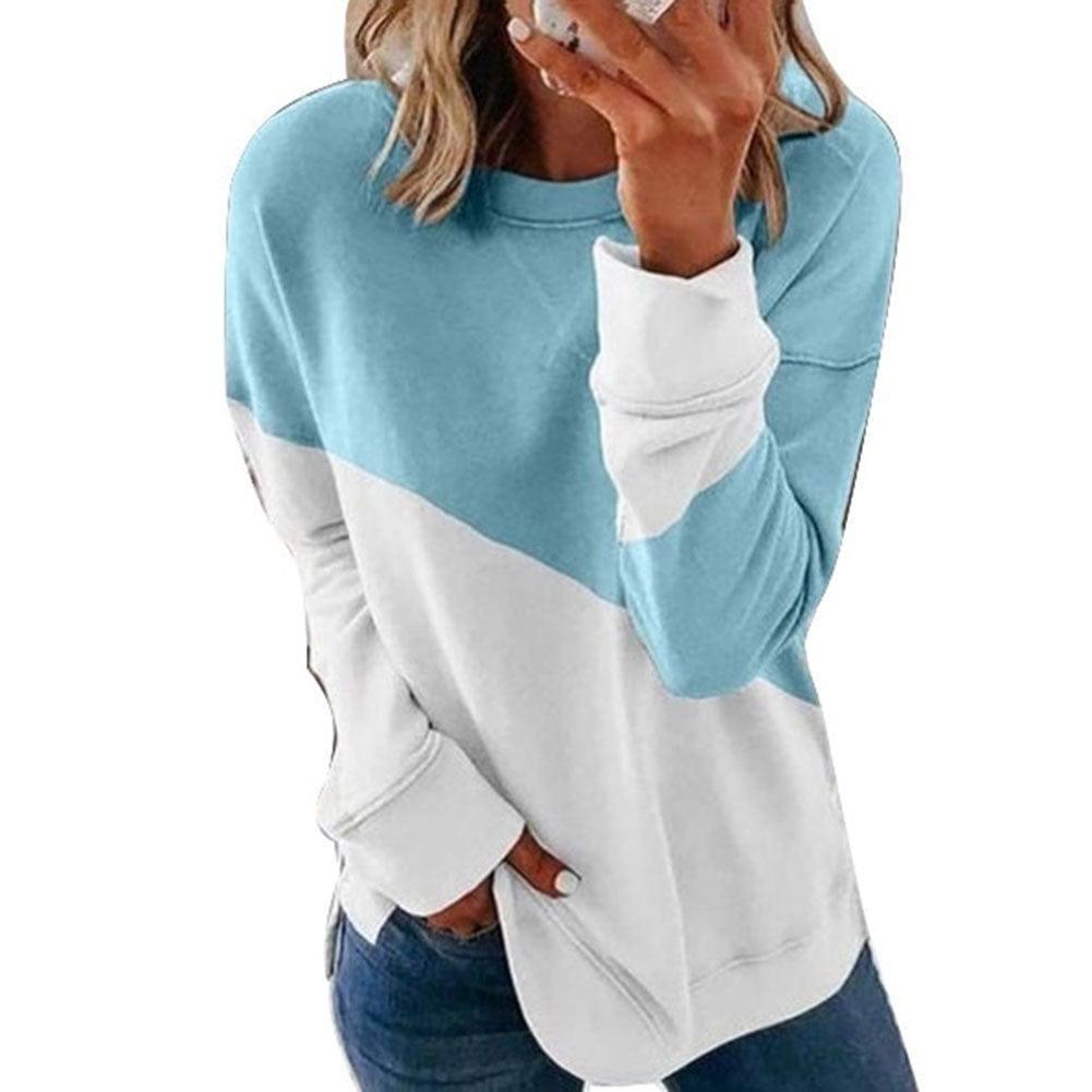 Round Neck Long Sleeve Sweater Color Matching Tops Sport-Blue-3