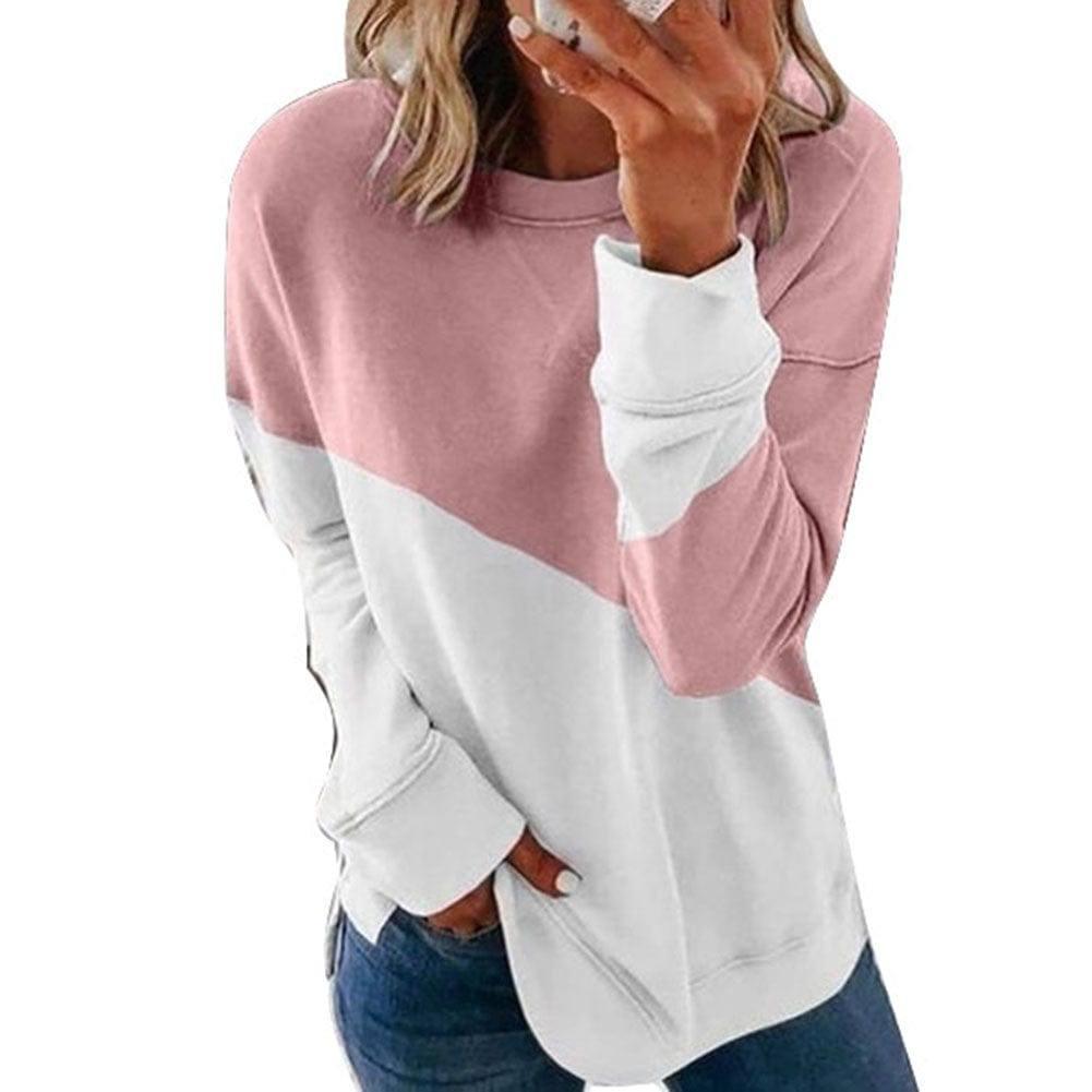 Round Neck Long Sleeve Sweater Color Matching Tops Sport-Pink-4