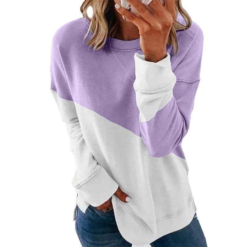 Round Neck Long Sleeve Sweater Color Matching Tops Sport-Purple-5