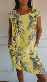 Round Neck Loose Short Sleeves Printed Dress Midi Dresses LOVEMI  Yellow S 
