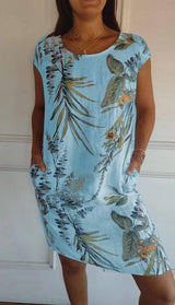 Round Neck Loose Short Sleeves Printed Dress Midi Dresses LOVEMI  Sky Blue S 