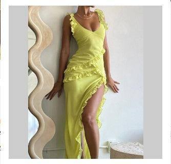 Ruffle Thigh High Split Dress Women Sexy Spaghetti Strap-Yellow-12
