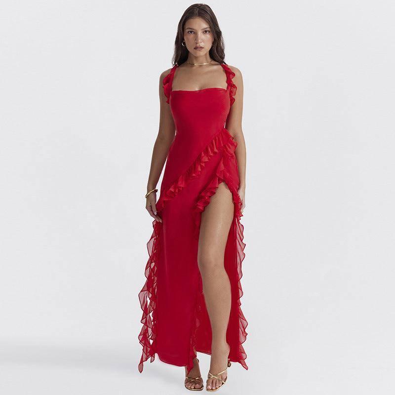 Ruffle Thigh High Split Dress Women Sexy Spaghetti Strap-Red-9