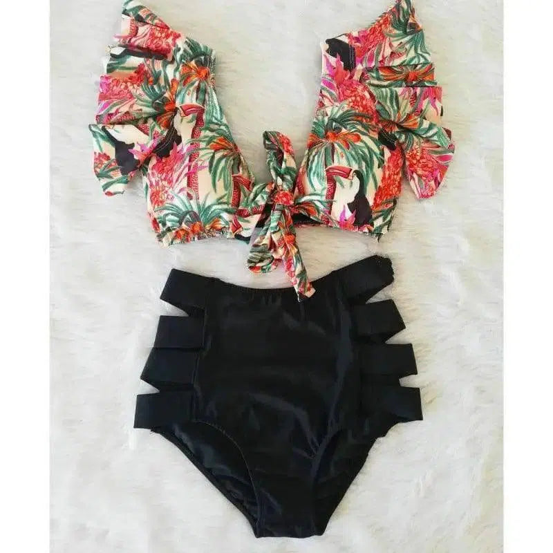 Ruffled Bikini Split Swimsuit European And American Sexy-Black-1