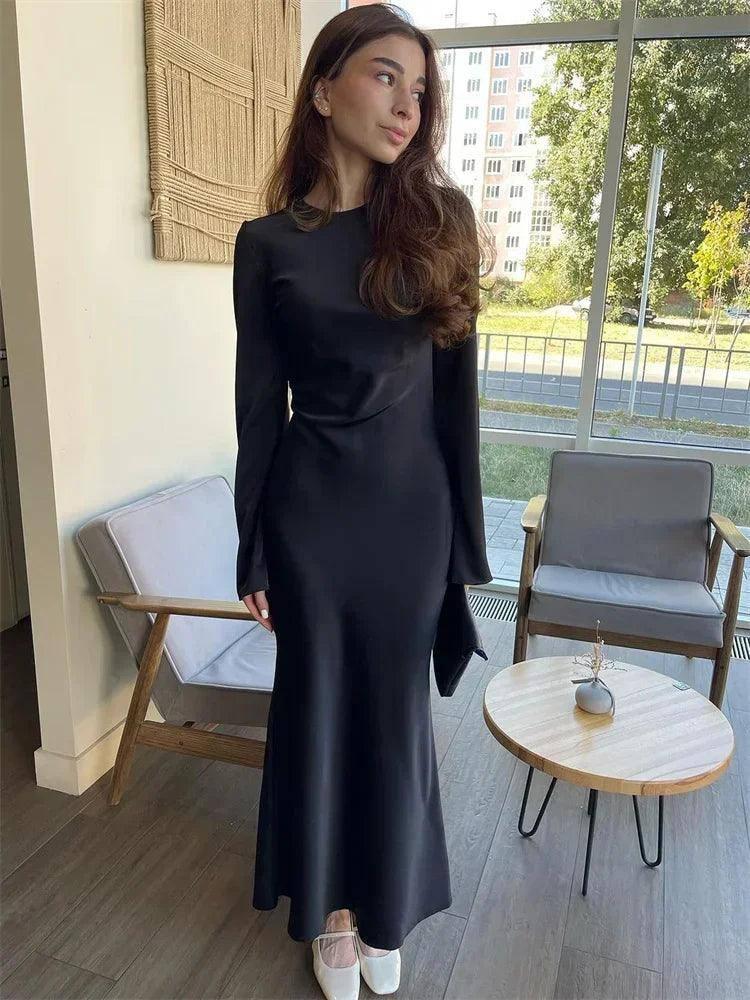 Satin Slim Maxi Dress - Elegant Long Sleeve Autumn Wear-Black-6