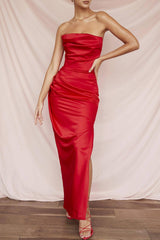 Satin Tube Top Split Knee-length Dress-Red-7